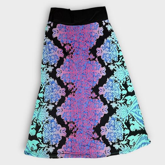Venus Black Printed Midi Skirt Women's Size M Side Slit Stretch Waist Y2K - Picture 1 of 7